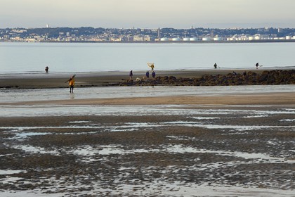 France, Calvados, Pays d'Auge, Trouville sur Mer, the Roches Noires (Black Rocks) beach which extends for several kilometers towards Hennequeville and Villerville, Le Havre port in the background