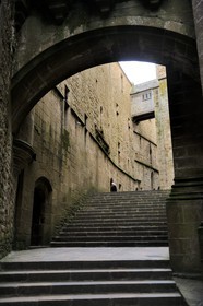 France, Manche, the abbey of Mont Saint Michel, listed as World Heritage by UNESCO, stairs of the Abbey church and the lodgings the left