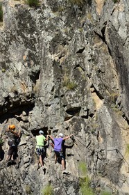 France, Ardeche, Monts d'Ardeche Regional Natural Park, Thueyts, the upper valley of the Ardeche River, the via ferrata of the Pont du diable (the Devil's Bridge)