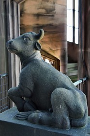 France, Bas Rhin, Strasbourg, old town listed as World Heritage by UNESCO, Notre Dame Cathedral, Halfway up each of the four spiral staircases called the Vier Schnecken (four snails), a footbridge connects them to the octagonal tower and there are two statues, here the chained bear and the bull