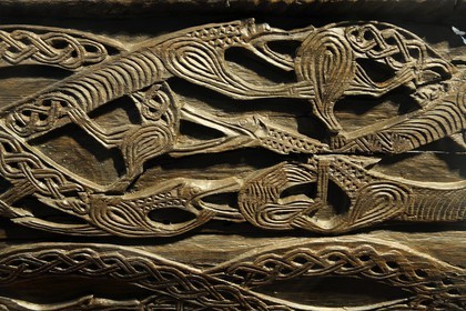 Norway, Oslo, Bygdoy Peninsula, Viking Boats Museum, objects found in Oseberg tomb of the 9th century, charriot detail