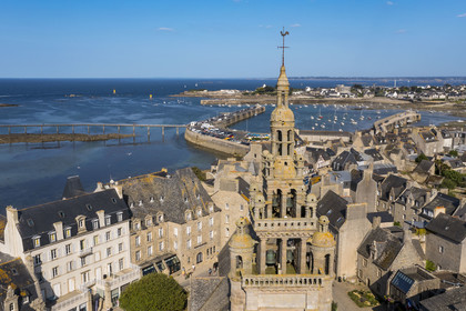 France, Finistère, Roscoff, Notre-Dame de Croaz Batz church and the port in the background (aerial view)