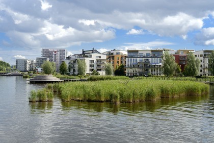 Suède, Stockholm, l'écoquartier Hammarby Sjostad précurseur en matière de développement durable, le lac Hammarby