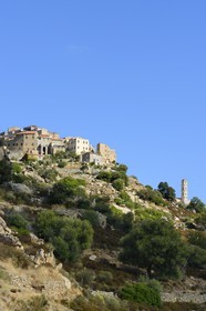 France, Haute Corse, Balagne, perched village of Sant'Antonino, labelled Les Plus Beaux Villages de France (The Most Beautiful Villages of France), general view of the village with the Anounciation church bell tower