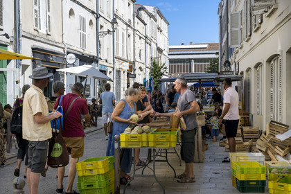 France, Charente Maritime, La Rochelle, market rue des Dames leading to the old 19th century covered market