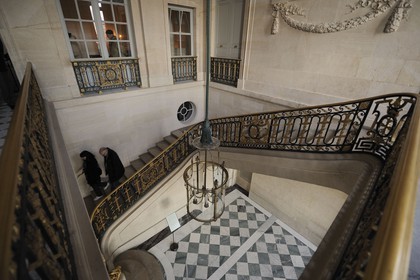 France, Yvelines, Chateau de Versailles, listed as World Heritage by UNESCO, Domaine de Marie Antoinette, the Petit Trianon, the big staircase with its wrought iron banister