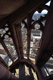 France, Bas Rhin, Strasbourg, old town listed as World Heritage by UNESCO, Notre Dame Cathedral, one of the four spiral staircases called the Vier Schnecken (four snails) that surround the 40-meter octagonal tower, Gutenberg square in the background