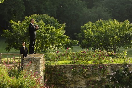 France, Indre et Loire, Lemere, Chateau du Rivau, musicians in gardens