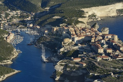 France, Corse du Sud, Bonifacio, the limestone cliffs, the citadel and the old town (aerial view)