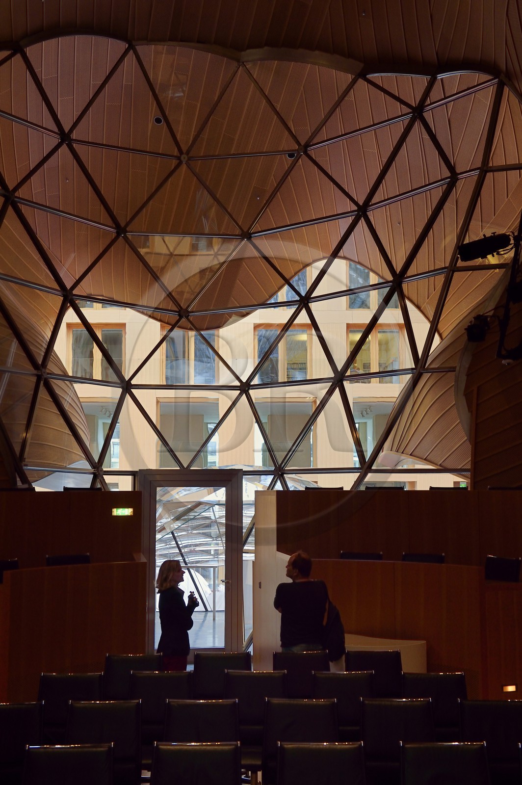 Allemagne, Berlin, Pariser Platz, siège de la DZ Bank (anciennement DG Bank), vaste atrium dessiné par l'architecte Franck Gehry avec son immense sculpture en acier qui abrite une salle de conférences