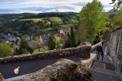 France, Cantal, Saint Flour, access to the upper town by the Main de Saint-Flour, legend of the passage between the rocks of Florus, the goat path or Saint-Roch climb links the upper town on foot to the old suburbs of the city