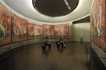 France, Paris, Musee du Moyen-Age (Middle Ages Museum), the former Hotel de Cluny, the Lady Lady and the Unicorn (French: La Dame à la licorne) is the modern title given to a series of six tapestries woven in Flanders in the end of 15th century