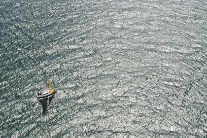 France, Morbihan, Gulf of Morbihan (Golfe du Morbihan), sailing boat (aerial view)