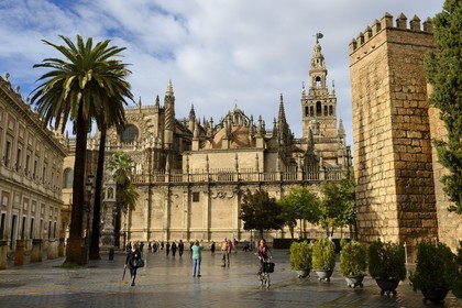 Spain, Andalusia, Seville, Santa Cruz district, the Giralda, former minaret almohade of the great Mosque reconverted into the bell tower of the cathedral, listed as World Heritage by UNESCO and the ramparts of the Alcazar