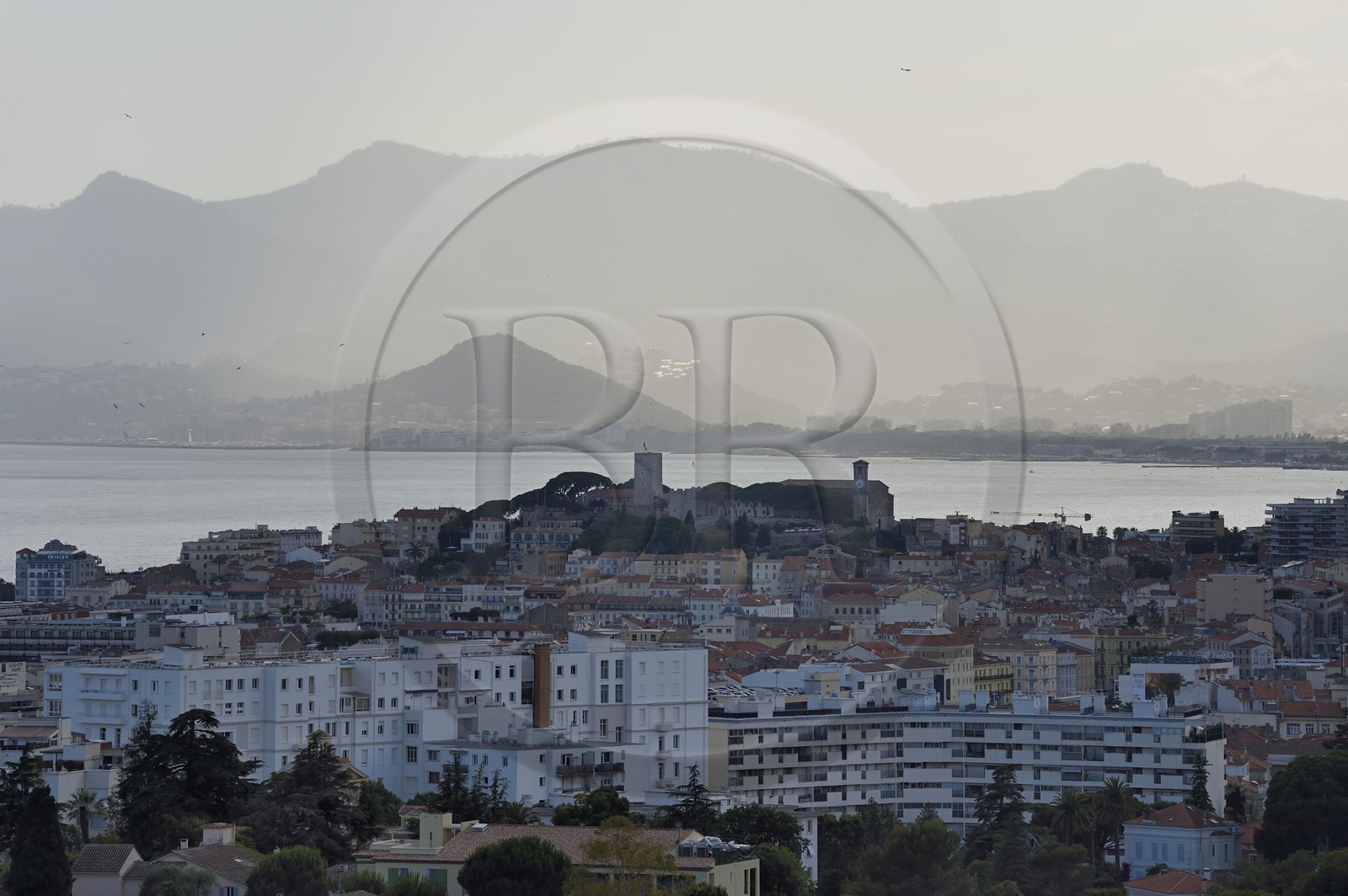 France, Alpes-Maritimes (06), Cannes, émergeant la vieille ville dans le quartier Le Suquet et à son sommet, la Tour du Suquet et le clocher de l'église Notre-Dame-de-l'Espérance, le massif des Maures en arrière plan