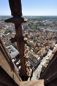 France, Bas Rhin, Strasbourg, old town listed as World Heritage by UNESCO, Notre Dame Cathedral, one of the four spiral staircases called the Vier Schnecken (four snails) that surround the 40-meter octagonal tower, view over rue Mercière
