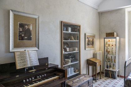 France, Bouches du Rhone, Regional Natural Park of the Alpilles, Saint Remy de Provence, Saint-Paul-de-Mausole monastery, where Van Gogh was interned in 1889-1890, furnished room of Doctor Schweitzer and his wife, political prisoners interned in 1918