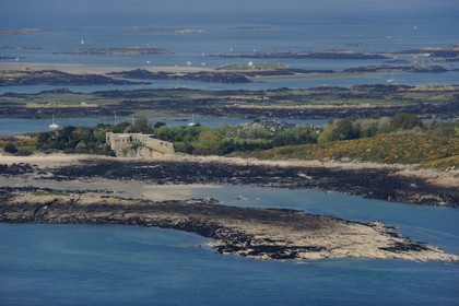 France, Manche, Iles Chausey, Grande Ile, beach of Port Homard and Château Renault (aerial view)