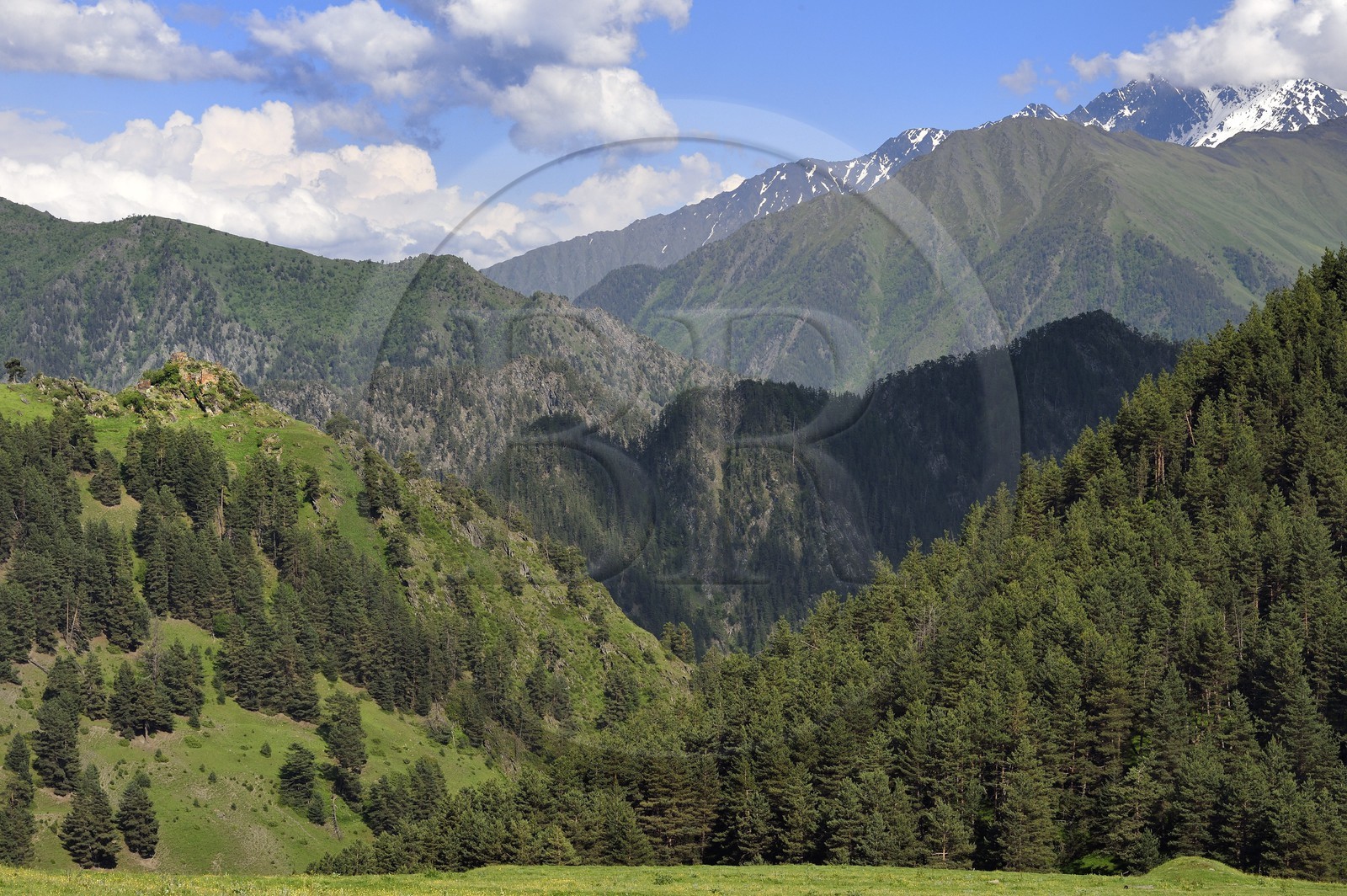 Georgia, Kakheti, Tusheti National Park, ruins of the old fortified towers of the former fortress of Diklo at the Dagestan (Russia) border in the background