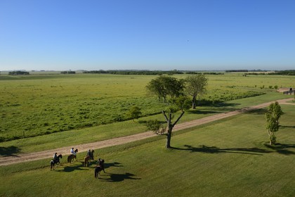 Argentina, Buenos Aires Province, San Antonio de Areco, estancia La Bamba de Areco, gauchos on horseback at the edge of the pampas