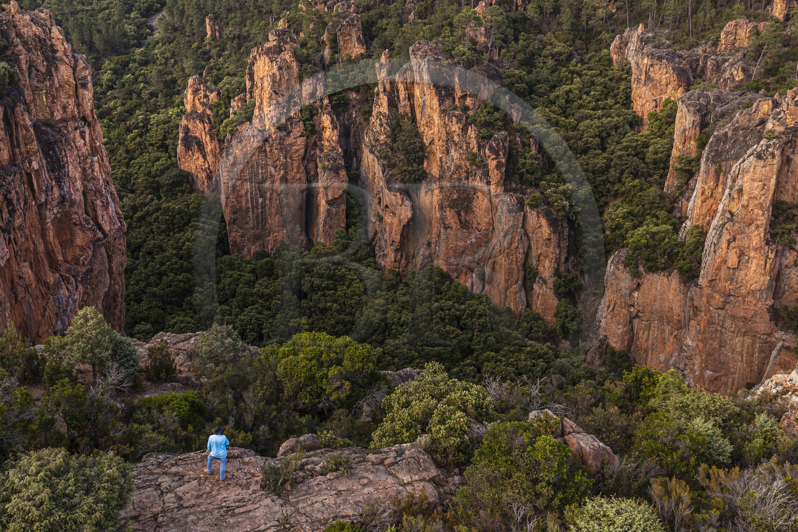 France, Var (83), entre Bagnols-en-Forêt et Roquebrune-sur-Argens, randonneur à l'entrée des Gorges du Blavet (vue aérienne)