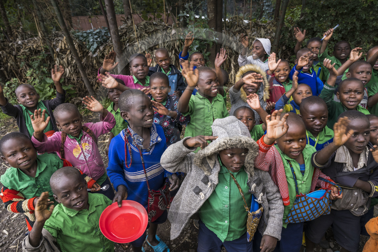 Rwanda, Province du Nord, District de Musanze (Ruhengeri), Busogo, enfants de l'ecole primaire Ubuyanja Nyabirehe sur les pentes du mont Karisimbi dans les montagnes des Virunga à la sortie du Parc national des Volcans où vivent les gorilles, 10% des revenus du tourisme des gorilles sont reversés aux communautés locales