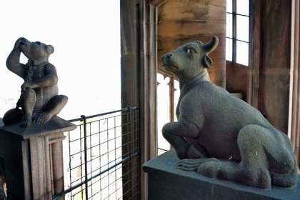 France, Bas Rhin, Strasbourg, old town listed as World Heritage by UNESCO, Notre Dame Cathedral, Halfway up each of the four spiral staircases called the Vier Schnecken (four snails), a footbridge connects them to the octagonal tower and there are two statues, here the chained bear and the bull