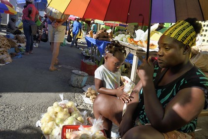 Caribbean, Dominica Island, the capital city Roseau, fruit and vegetable stall sales near the central market