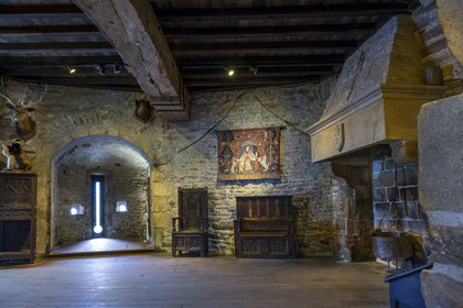 France, Côtes d'Armor (22), Grand Site de France Cap d'Erquy – Cap Fréhel, Plévenon, le Fort La Latte ou château de la Roche Goyon du XVème siècle, la salle seigneuriale dans le donjon