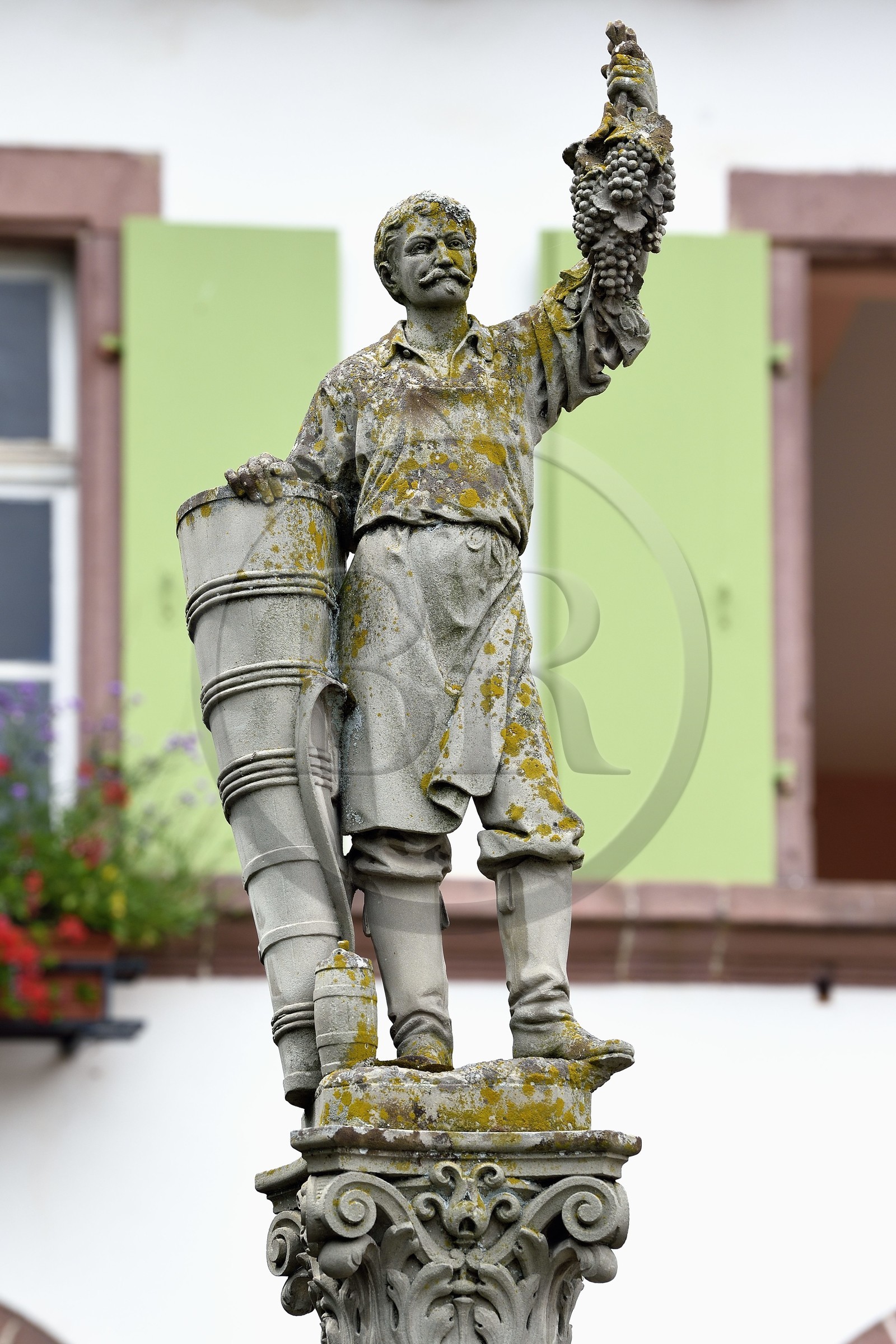 France, Haut-Rhin (68), Route des vins d'Alsace, Ribeauvillé, statue sur une fontaine d'un vigneron s'appuyant sur sa hotte et présentant dans sa main gauche une belle grappe de raisin France, Haut-Rhin (68), Route des vins d'Alsace, Ribeauvillé, statue sur une fontaine d'un vigneron s'appuyant sur sa hotte et présentant dans sa main gauche une belle grappe de raisin