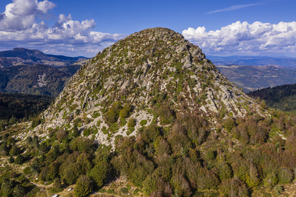 France, Ardeche, parc naturel regional des Monts d'Ardeche (Regional natural reserve of the Mounts of Ardeche), Mont Gerbier de Jonc (altitude of 1551m), source of the Loire river (aerial view)