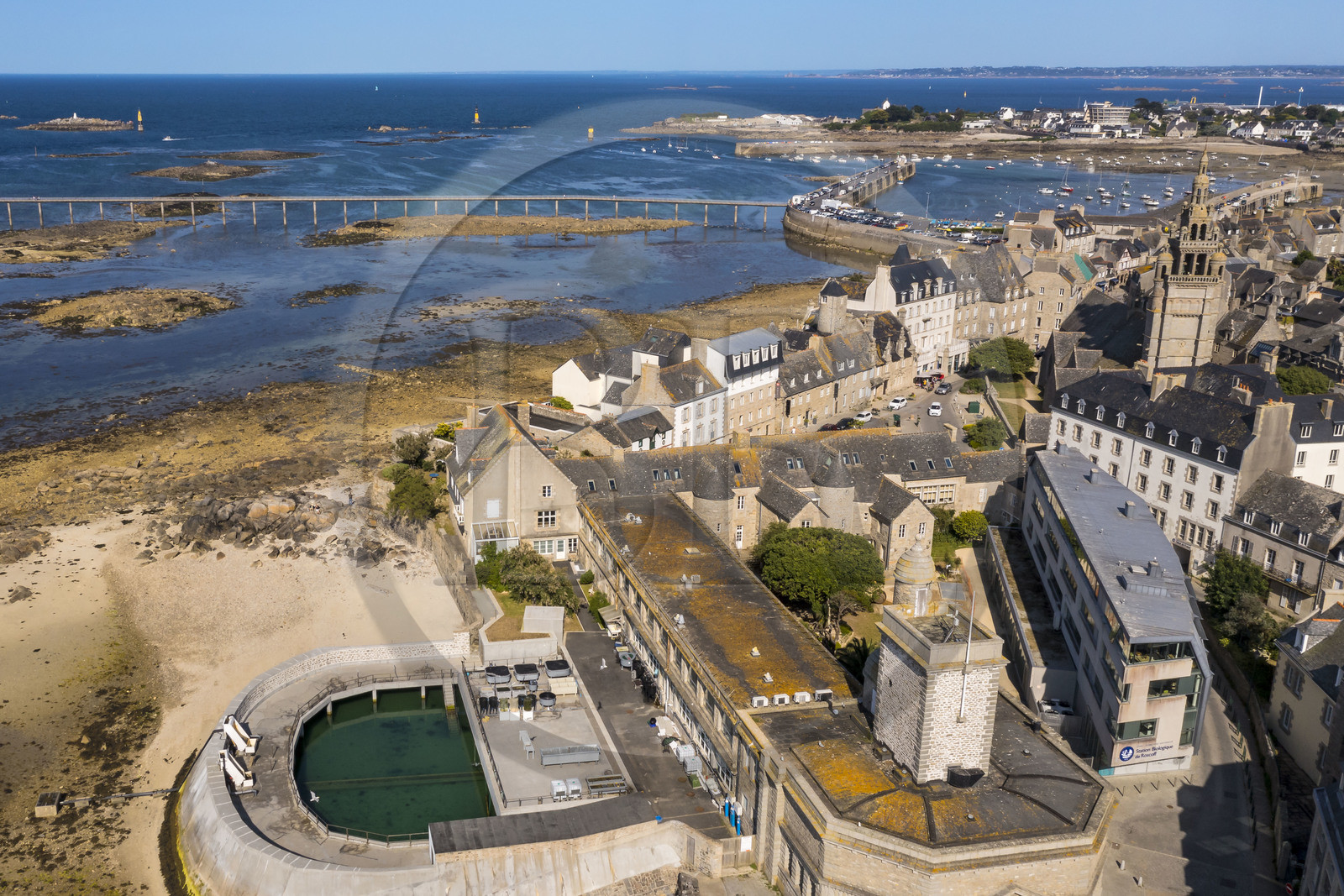 France, Finistère, Roscoff, biological station of the CNRS and Sorbonne University, the estacade, pier footbridge for the ferry to the Ile de Batz, in the background (aerial view)
