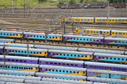 South Africa, Gauteng Province, Johannesburg, colorfull train carriages at Park Station