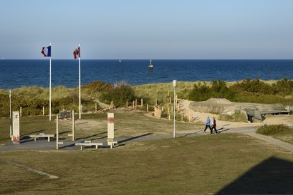 France, Calvados, Courseulles sur Mer, Juno Beach Centre, museum dedicated to Canada's role during the Second World War, flags and plaque in Honor of the dead Canadian soldiers