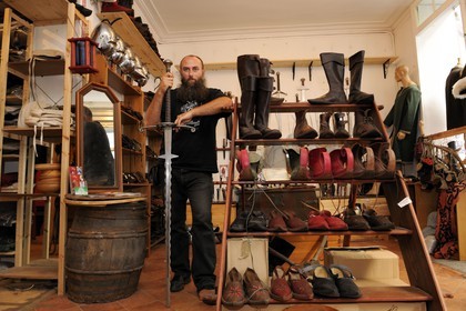 France, Paris, store of medieval accessories Rêves d'Acier, Marc Muscadel
