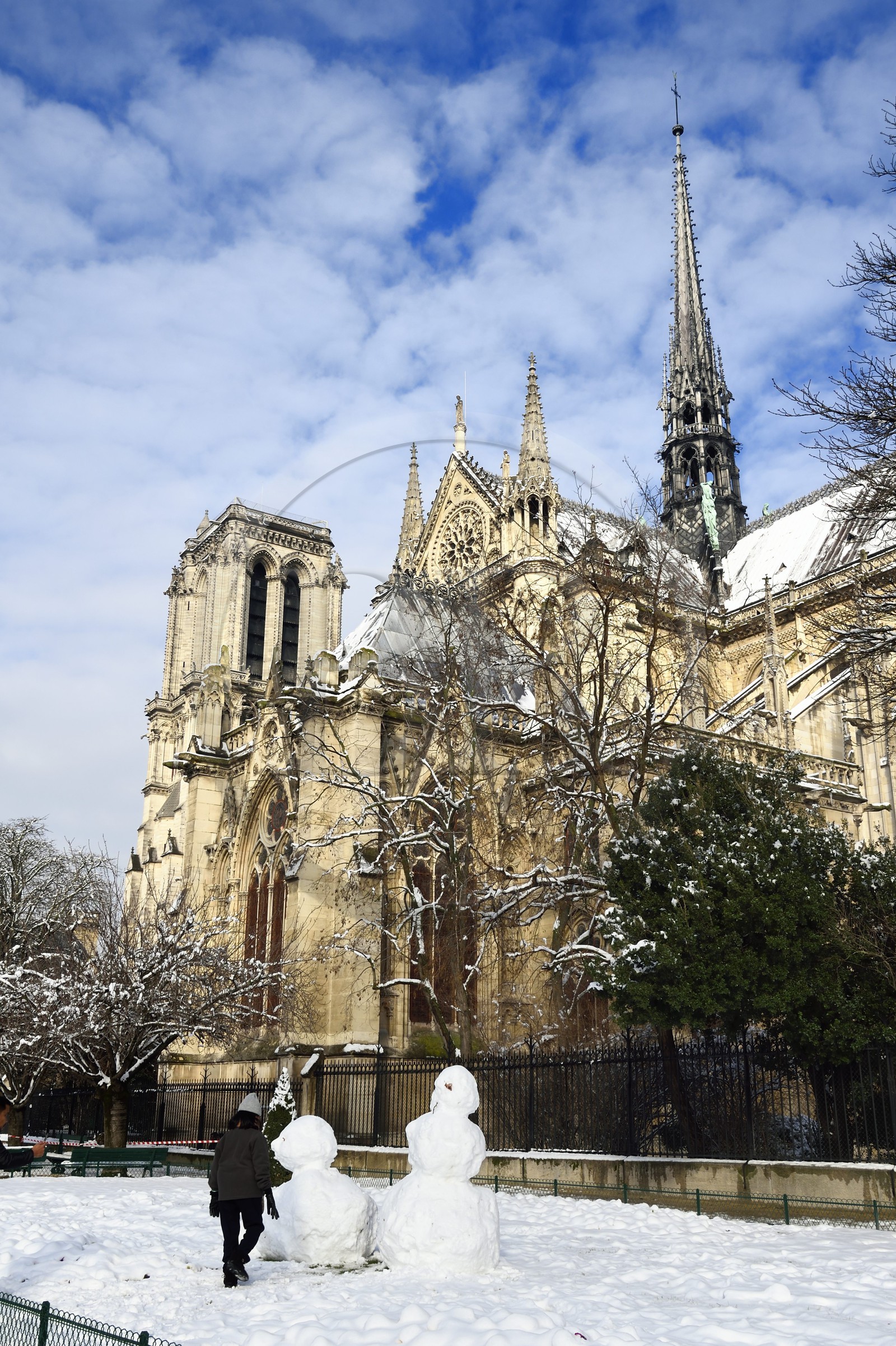 France, Paris (75), les rives de la Seine, classées Patrimoine Mondial de l'UNESCO, la Cathédrale Notre-Dame sous la neige sur l'Ile de la Cité et le square Jean XXIII sur le quai de l'Archevêché, bonhomme de neige