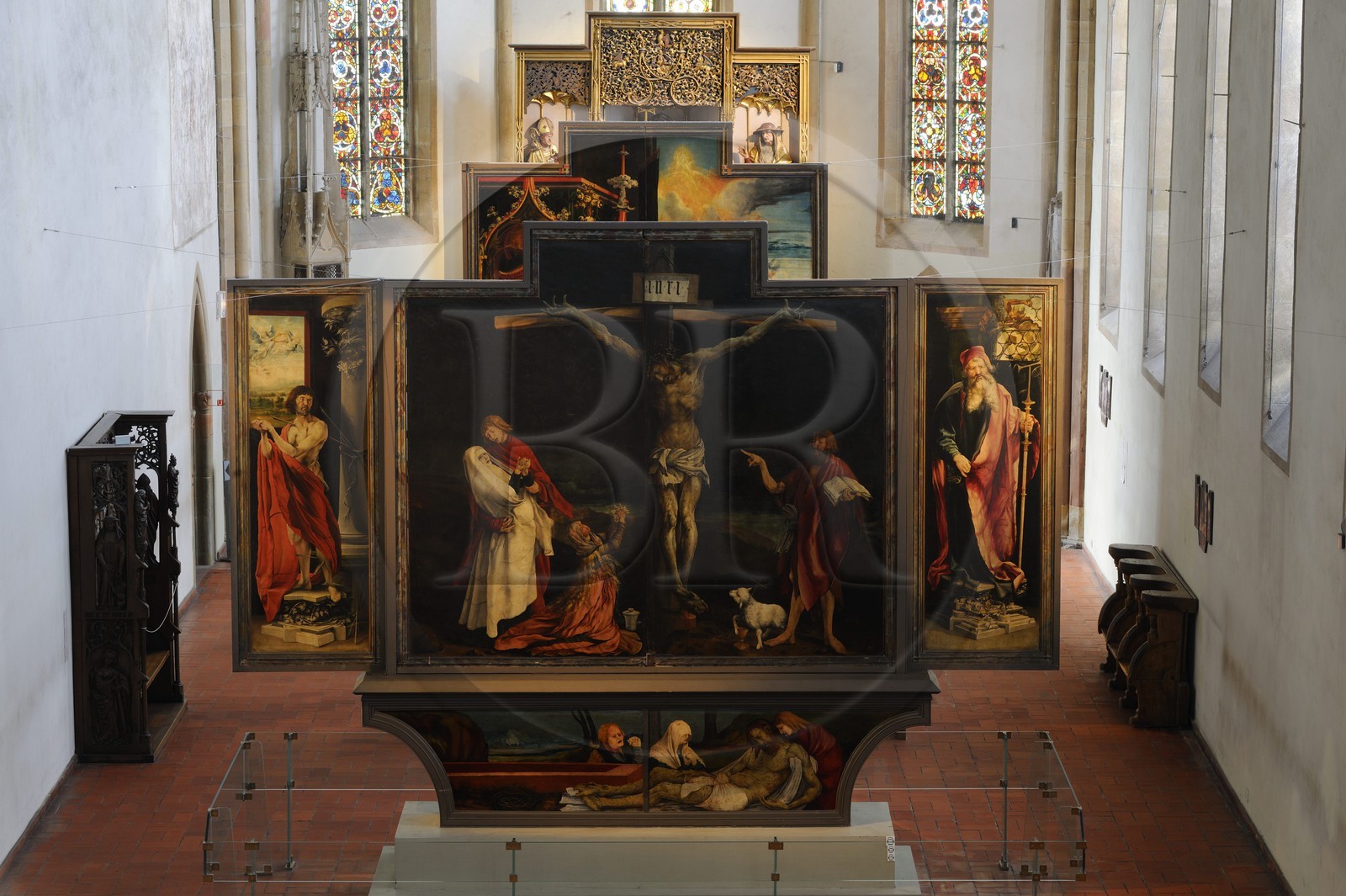 France, Haut-Rhin (68), Colmar, le musée Unterlinden, le retable d'Issenheim attribué à Grünewald, scène de la Crucifixion et Mise au tombeau