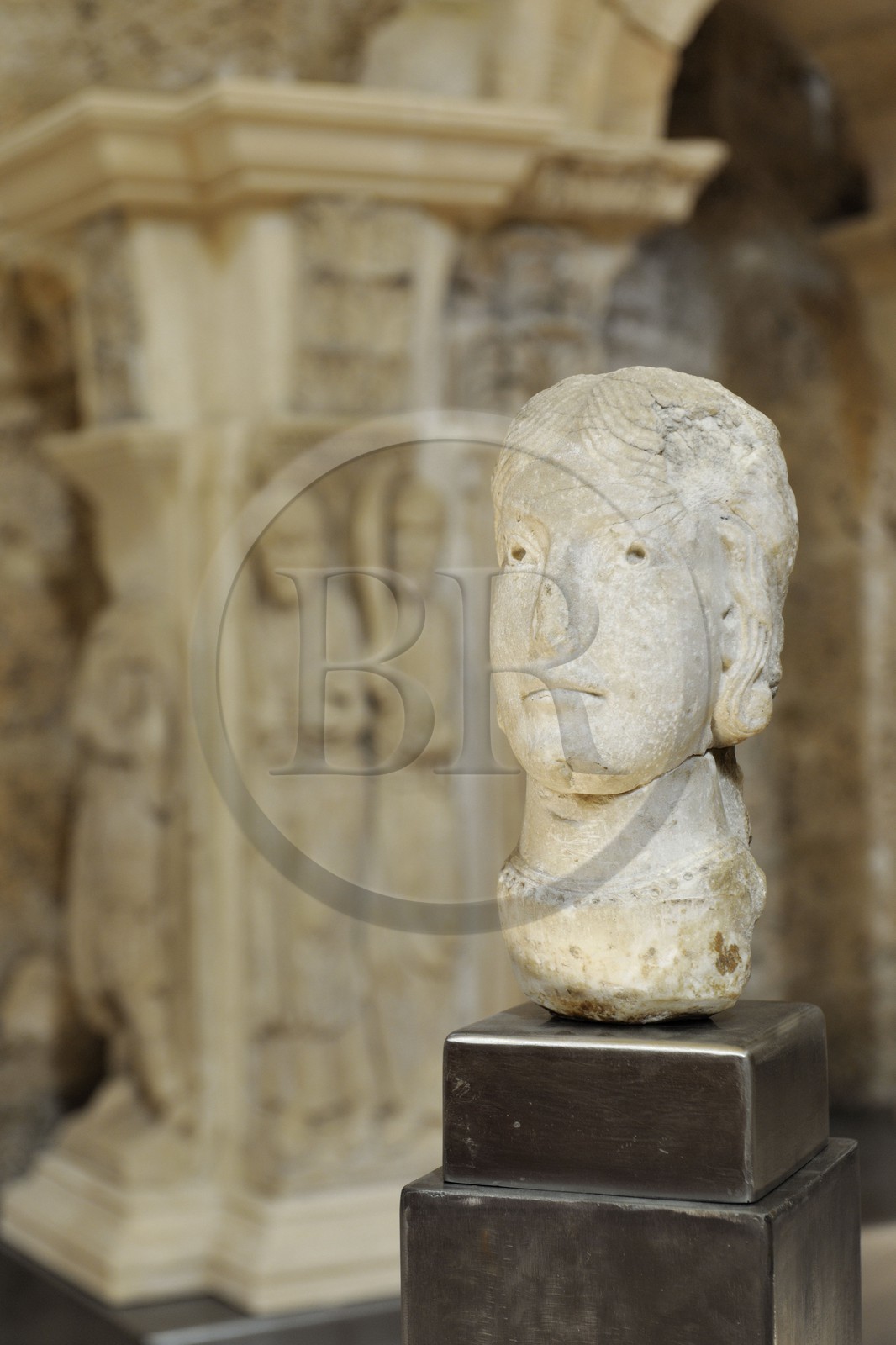 France, Herault, Medieval town of Saint-Guilhem-le-Desert, a stop on el Camino de Santiago, pilgrimage route to Compostela, labelled Les Plus Beaux Villages de France (The Most Beautiful Villages of France), abbey of Gellone from the 11th century listed as World Heritage by UNESCO, the lapidary museum, feminine portrait second half of the 12th century