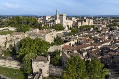 France, Vaucluse, Avignon, the Doms Cathedral and the Palais des Papes (Palace of the Popes) listed as World heritage by UNESCO, the Saint-Bénézet bridge chatelet tower and the Petit Palais museum in the foreground (aerial view)