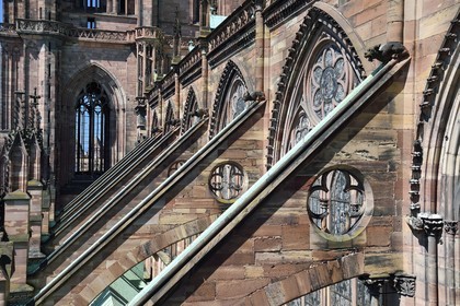 France, Bas-Rhin (67), Strasbourg, vieille ville classée au Patrimoine Mondial de l'UNESCO, la cathédrale Notre-Dame, arcs-boutants de la facade sud et gargouilles