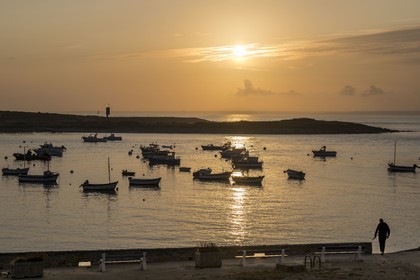 France, Finistère, Iroise Sea, Molene Island, the fishing boats are at anchor in the summer between the town and the Lédenez Vraz islet in the background