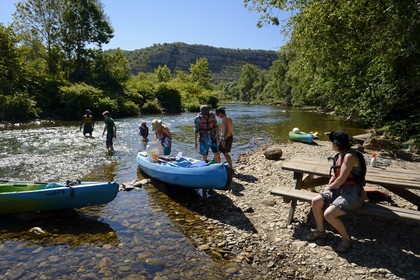 France, Ardeche, Les Vans, kayaks going down the Chassezac River