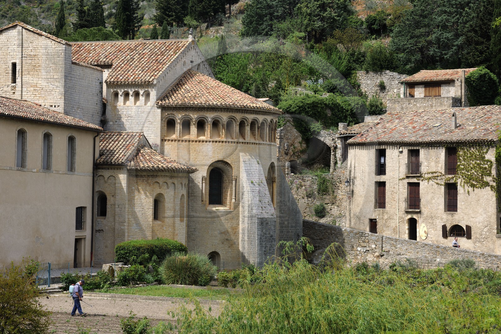 France, Hérault (34), village médiéval de Saint-Guilhem-le-Désert, étape du pélerinage de Saint-Jacques-de-Compostelle, labellisé Les Plus Beaux Villages de France, abbaye de Gellone du XIe siècle classée Patrimoine Mondial de l'UNESCO, chevet de l'église
