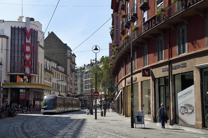France, Bas Rhin, Strasbourg, tramway in rue des Francs Bourgeois and the Vox movie theater
