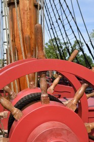 France, Charente-Maritime, Rochefort, International Center of the Sea in the former Rochefort Maritime Dock, the frigate Hermione replica of the three-master ship where the Marquis de Lafayette sailed for America in 1780, the helm of the ship