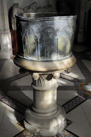 France, Seine Maritime, Pays de Caux, Cote d'Albatre, Fecamp, Benedictine Palace, collection of Sacred Art, baptismal font made of lead of the thirteenth century