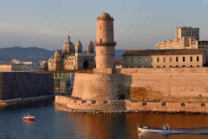 France, Bouches du Rhone, Marseille, MuCEM (Museum of Civilization in Europe and the Mediterranean) by the architects Rudy Ricciotti and R. Carta, Fort Saint Jean and the cathedral La Major