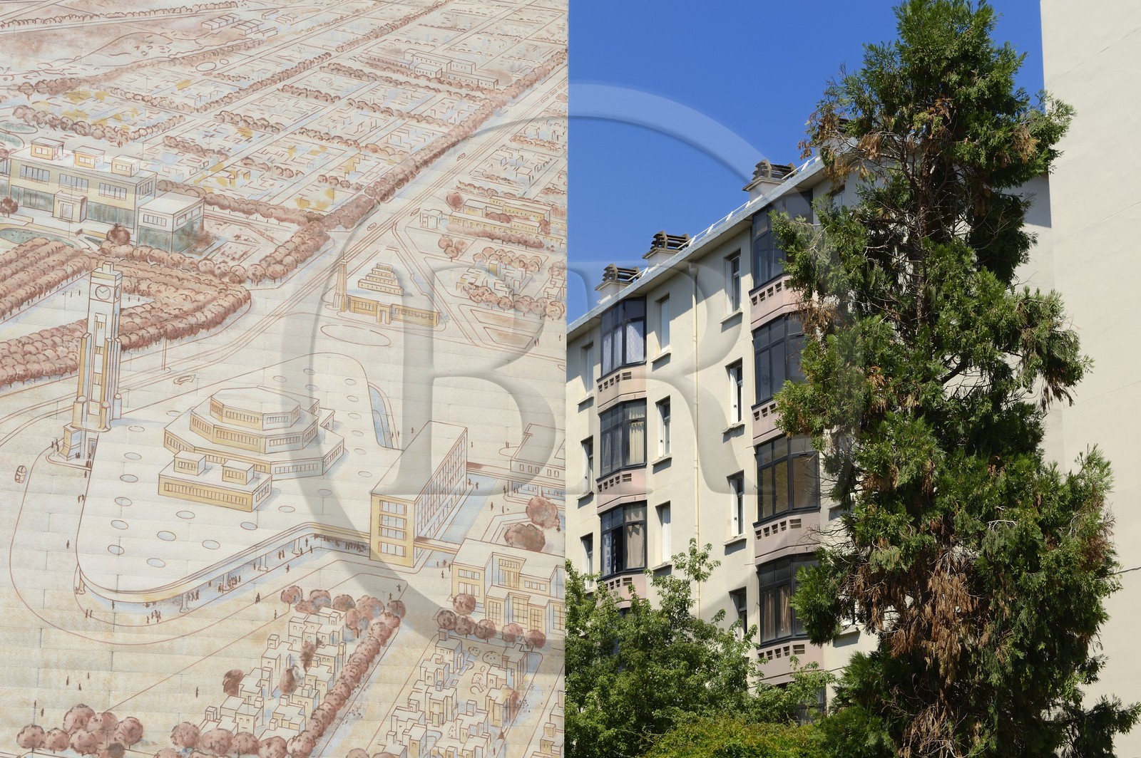 France, Rhône (69), Lyon, le musée urbain Tony-Garnier dans le quartier populaire des États-Unis, murs peints conçus par les artistes de la CitéCréation retraçant l'oeuvre de l'architecte Tony Garnier France, Rhône (69), Lyon, le musée urbain Tony-Garnier dans le quartier populaire des États-Unis, murs peints conçus par les artistes de la CitéCréation retraçant l'oeuvre de l'architecte Tony Garnier