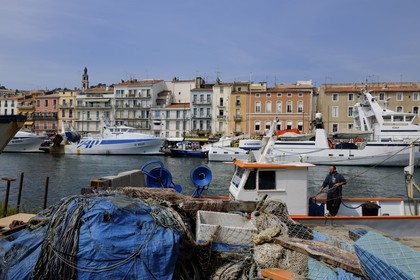 France, Herault, Sete, canal Royal (Royal Canal), tuna boat docked at the foot of Mont Saint Clair and the St. Louis decanal church