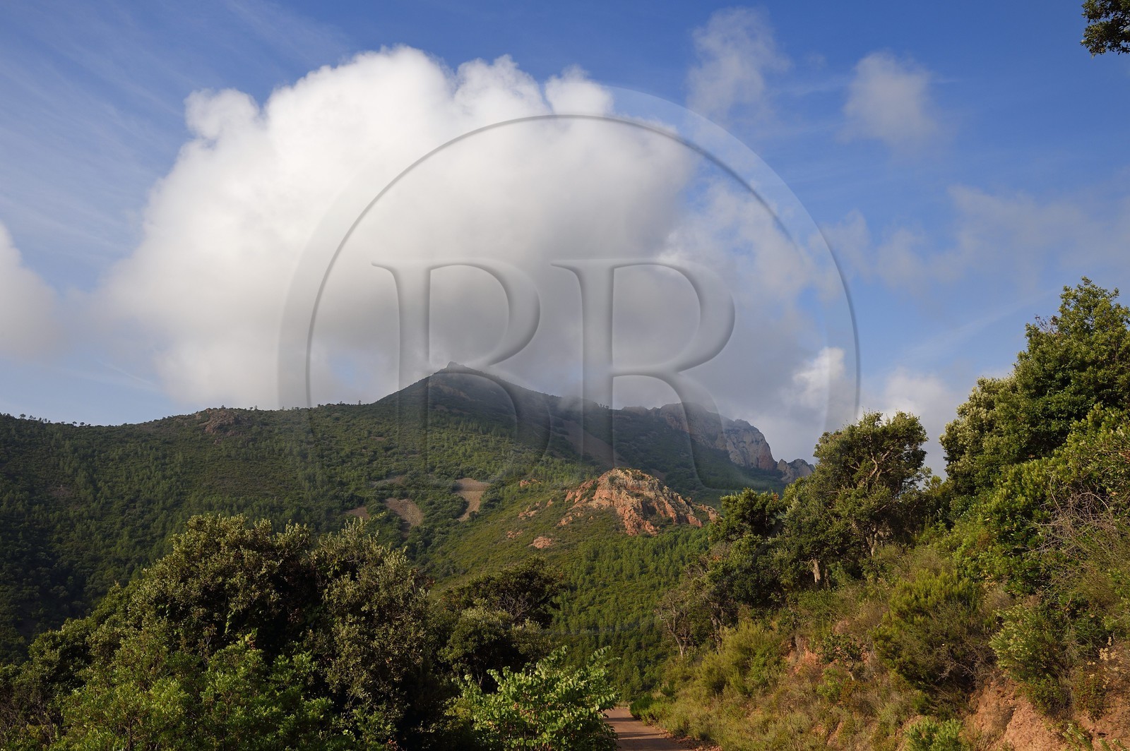 France, Var (83), Agay commune de Saint-Raphaël, massif de l'Estérel, col de l'évèque et montagne de la Sainte-Baume en arrière plan
